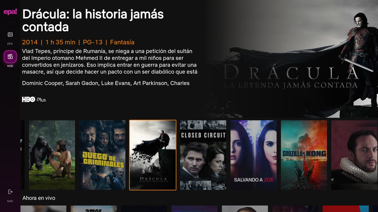 Pantalla de inicio de EPA! en Android TV, con el menú lateral y la ficha de una película destacada