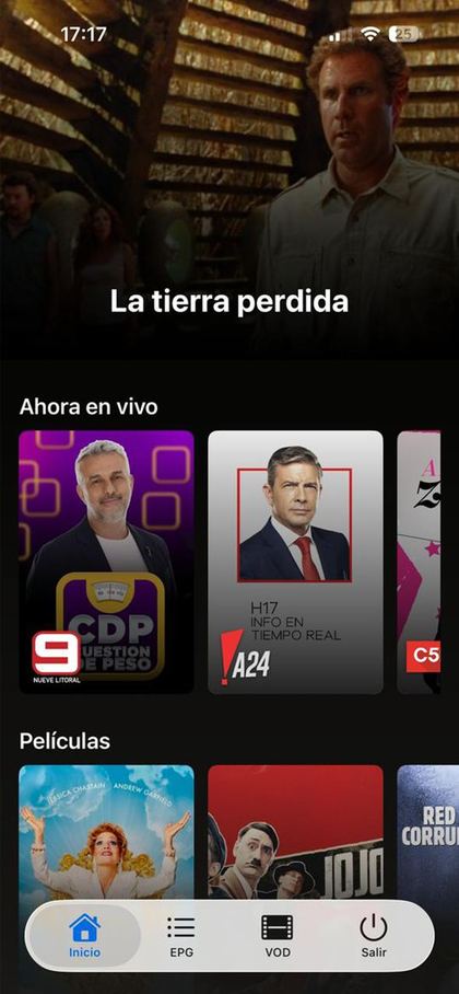 Pantalla de inicio de la app de EPA! en iOS con contenido destacado y canales en vivo